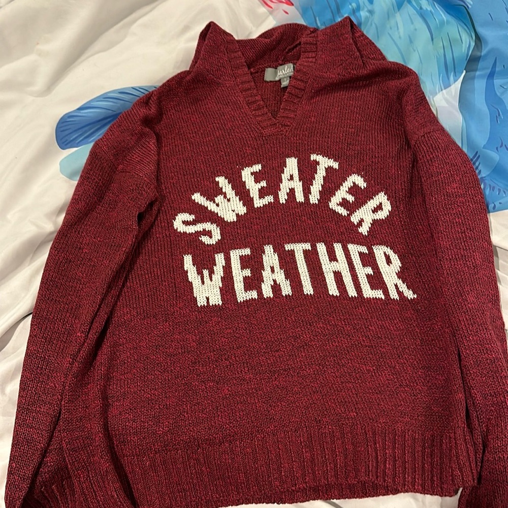Burgundy knit sweater with hood. Says sweater weather on front